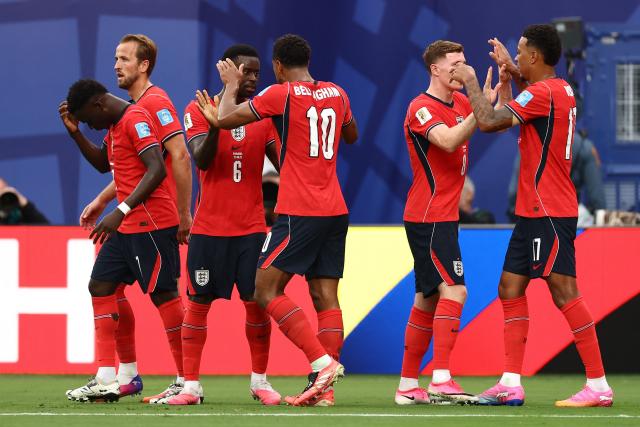 England's midfielder #10 Jude Bellingham celebrates scoring his team's first goal during the 2026 World Cup Group L football match between Panama and England at the New York/New Jersey Stadium in East Rutherford on June 27, 2026.  (Photo by CHARLY TRIBALLEAU / AFP)
