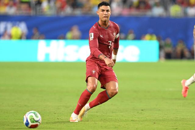 Portugal's forward #07 Cristiano Ronaldo kicks the ball during the 2026 World Cup Group K football match between Colombia and Portugal at the Miami Stadium in Miami Gardens on June 27, 2026.  (Photo by ROBERTO SCHMIDT / AFP)