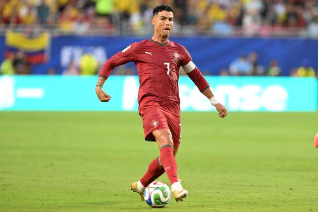 Portugal's forward #07 Cristiano Ronaldo kicks the ball during the 2026 World Cup Group K football match between Colombia and Portugal at the Miami Stadium in Miami Gardens on June 27, 2026.  (Photo by ROBERTO SCHMIDT / AFP)