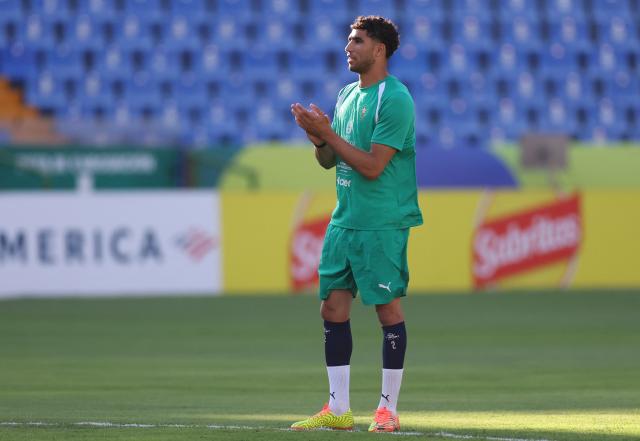 Morocco's defender #02 Achraf Hakimi attends a training session at the Universitario stadium in San Nicolas de los Garza, Mexico on June 26, 2026.  (Photo by Julio Cesar AGUILAR / AFP)