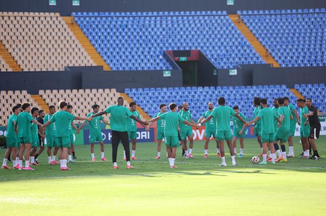 Morocco players attend a training session at the Universitario stadium in San Nicolas de los Garza, Mexico on June 26, 2026.  (Photo by Julio Cesar AGUILAR / AFP)