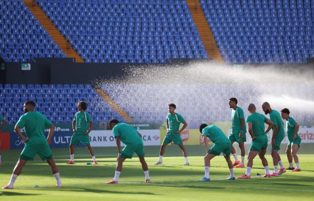 Morocco players attend a training session at the Universitario stadium in San Nicolas de los Garza, Mexico on June 26, 2026.  (Photo by Julio Cesar AGUILAR / AFP)