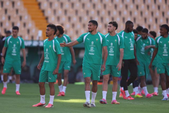 Morocco players attend a training session at the Universitario stadium in San Nicolas de los Garza, Mexico on June 26, 2026.  (Photo by Julio Cesar AGUILAR / AFP)