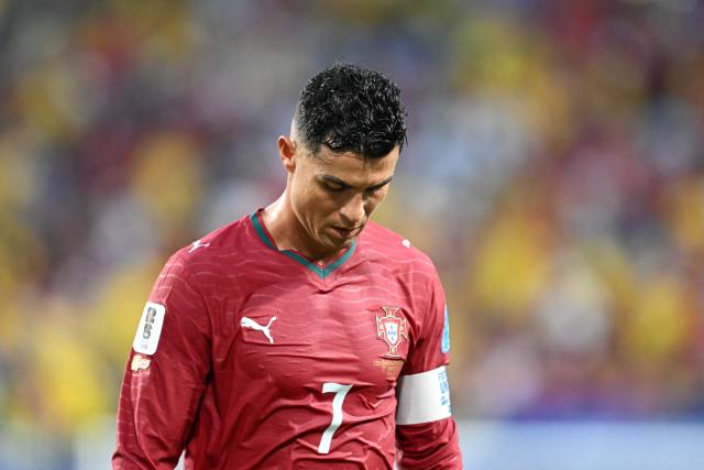 Portugal's forward #07 Cristiano Ronaldo gestures at the halftime of the 2026 World Cup Group K football match between Colombia and Portugal at the Miami Stadium in Miami Gardens on June 27, 2026.  (Photo by CHANDAN KHANNA / AFP)