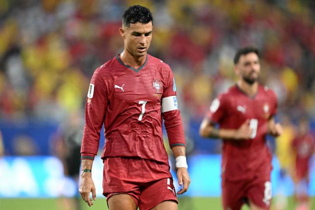 Portugal's forward #07 Cristiano Ronaldo gestures at the halftime of the 2026 World Cup Group K football match between Colombia and Portugal at the Miami Stadium in Miami Gardens on June 27, 2026.  (Photo by CHANDAN KHANNA / AFP)