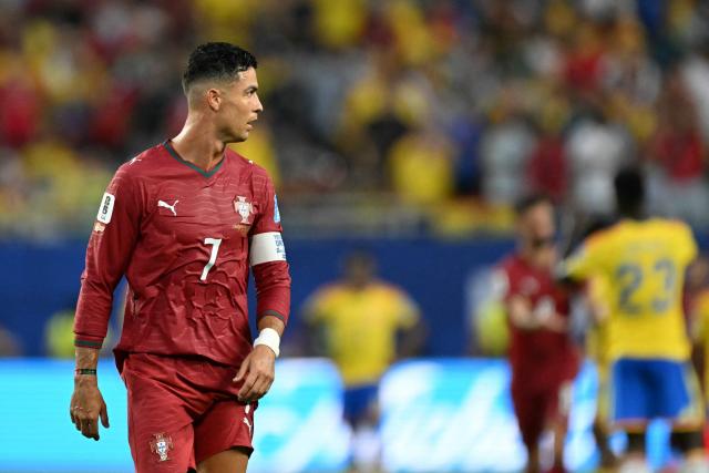 Portugal's forward #07 Cristiano Ronaldo gestures at the halftime of the 2026 World Cup Group K football match between Colombia and Portugal at the Miami Stadium in Miami Gardens on June 27, 2026.  (Photo by CHANDAN KHANNA / AFP)