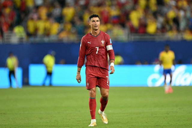 Portugal's forward #07 Cristiano Ronaldo gestures at the halftime of the 2026 World Cup Group K football match between Colombia and Portugal at the Miami Stadium in Miami Gardens on June 27, 2026.  (Photo by CHANDAN KHANNA / AFP)