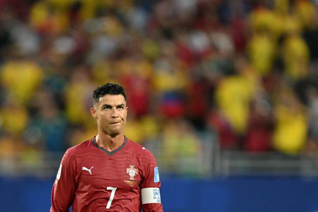 Portugal's forward #07 Cristiano Ronaldo gestures at the halftime of the 2026 World Cup Group K football match between Colombia and Portugal at the Miami Stadium in Miami Gardens on June 27, 2026.  (Photo by CHANDAN KHANNA / AFP)
