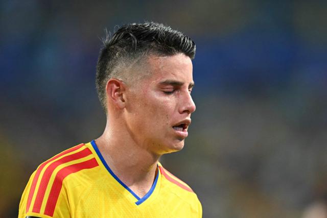Colombia's midfielder #10 James Rodriguez gestures at the halftime of the 2026 World Cup Group K football match between Colombia and Portugal at the Miami Stadium in Miami Gardens on June 27, 2026.  (Photo by CHANDAN KHANNA / AFP)