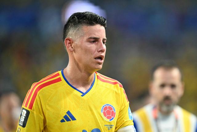 Colombia's midfielder #10 James Rodriguez gestures at the halftime of the 2026 World Cup Group K football match between Colombia and Portugal at the Miami Stadium in Miami Gardens on June 27, 2026.  (Photo by CHANDAN KHANNA / AFP)