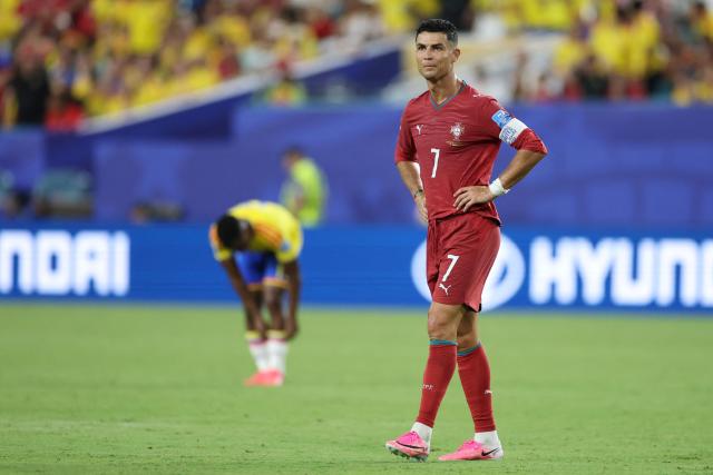 Portugal's forward #07 Cristiano Ronaldo reacts to a missed chance during the 2026 World Cup Group K football match between Colombia and Portugal at the Miami Stadium in Miami Gardens on June 27, 2026.  (Photo by PATRICIA DE MELO MOREIRA / AFP)