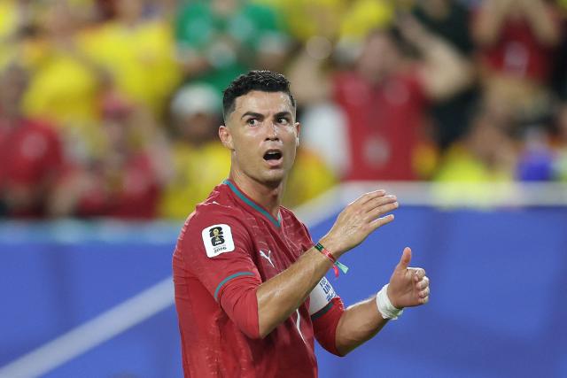 Portugal's forward #07 Cristiano Ronaldo reacts to a missed chance during the 2026 World Cup Group K football match between Colombia and Portugal at the Miami Stadium in Miami Gardens on June 27, 2026.  (Photo by PATRICIA DE MELO MOREIRA / AFP)