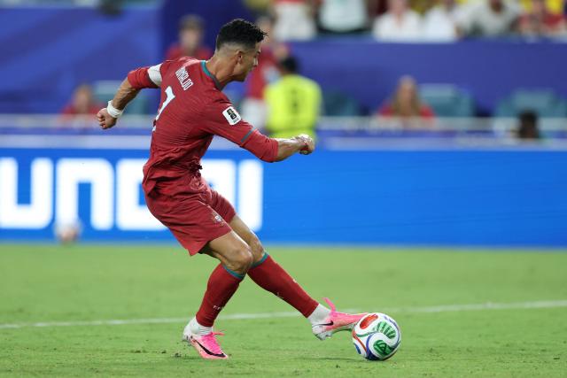 Portugal's forward #07 Cristiano Ronaldo kicks the ball during the 2026 World Cup Group K football match between Colombia and Portugal at the Miami Stadium in Miami Gardens on June 27, 2026.  (Photo by PATRICIA DE MELO MOREIRA / AFP)