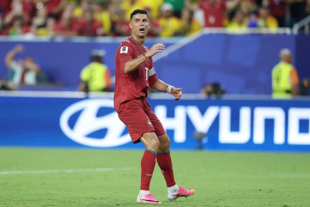 Portugal's forward #07 Cristiano Ronaldo reacts to a missed chance during the 2026 World Cup Group K football match between Colombia and Portugal at the Miami Stadium in Miami Gardens on June 27, 2026.  (Photo by PATRICIA DE MELO MOREIRA / AFP)
