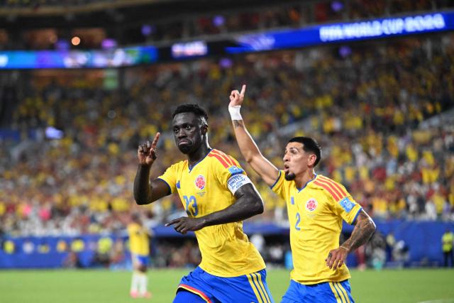 Colombia's defender #23 Davinson Sanchez celebrates a goal which was later disallowed after a VAR review during the 2026 World Cup Group K football match between Colombia and Portugal at the Miami Stadium in Miami Gardens on June 27, 2026.  (Photo by ROBERTO SCHMIDT / AFP)