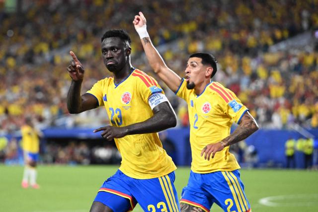 Colombia's defender #23 Davinson Sanchez celebrates a goal which was later disallowed after a VAR review during the 2026 World Cup Group K football match between Colombia and Portugal at the Miami Stadium in Miami Gardens on June 27, 2026.  (Photo by ROBERTO SCHMIDT / AFP)
