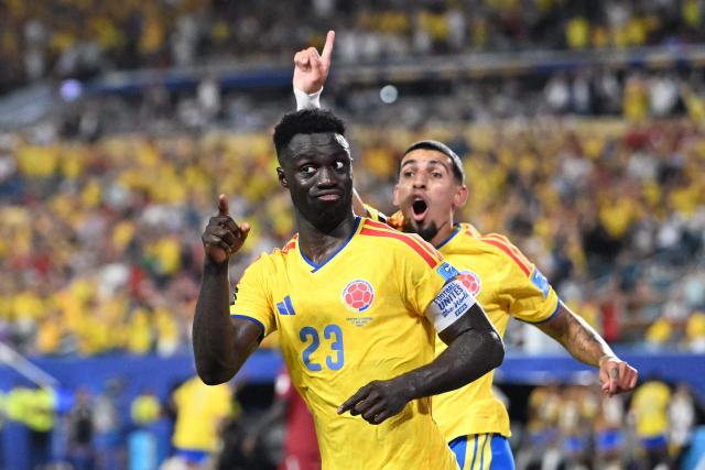 Colombia's defender #23 Davinson Sanchez celebrates a goal which was later disallowed after a VAR review during the 2026 World Cup Group K football match between Colombia and Portugal at the Miami Stadium in Miami Gardens on June 27, 2026.  (Photo by ROBERTO SCHMIDT / AFP)