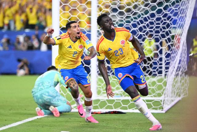 Colombia's defender #23 Davinson Sanchez celebrates a goal which was later disallowed after a VAR review during the 2026 World Cup Group K football match between Colombia and Portugal at the Miami Stadium in Miami Gardens on June 27, 2026.  (Photo by ROBERTO SCHMIDT / AFP)