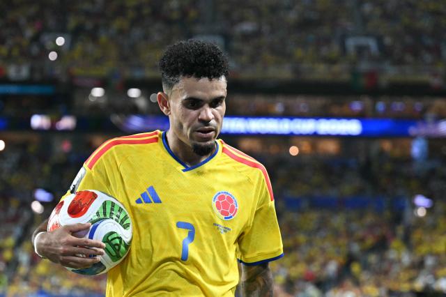 Colombia's forward #07 Luis Diaz holds the ball during the 2026 World Cup Group K football match between Colombia and Portugal at the Miami Stadium in Miami Gardens on June 27, 2026.  (Photo by CHANDAN KHANNA / AFP)