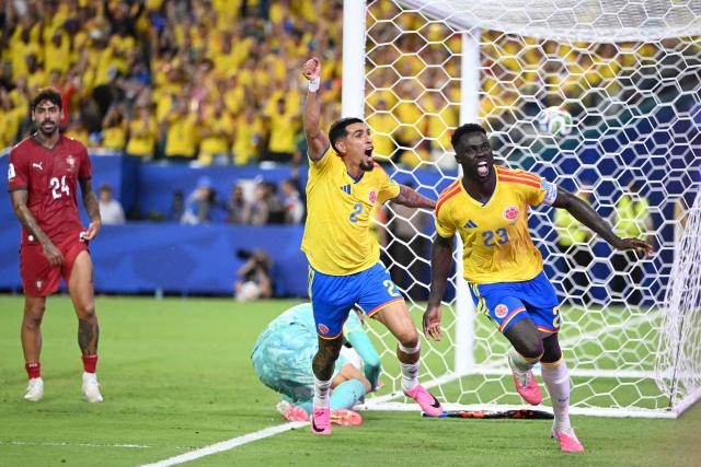 Colombia's defender #23 Davinson Sanchez celebrates a goal which was later disallowed after a VAR review during the 2026 World Cup Group K football match between Colombia and Portugal at the Miami Stadium in Miami Gardens on June 27, 2026.  (Photo by ROBERTO SCHMIDT / AFP)