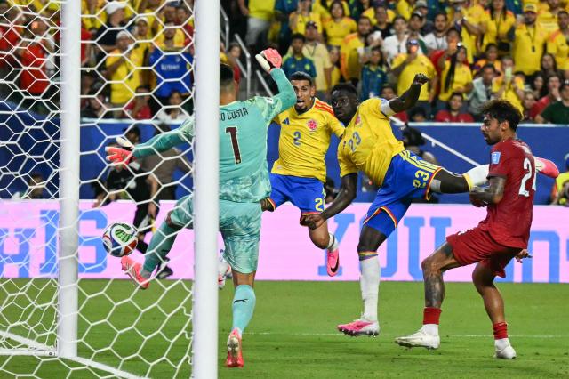 Colombia's defender #23 Davinson Sanchez scores a goal which was later disallowed after a VAR review during the 2026 World Cup Group K football match between Colombia and Portugal at the Miami Stadium in Miami Gardens on June 27, 2026.  (Photo by CHANDAN KHANNA / AFP)