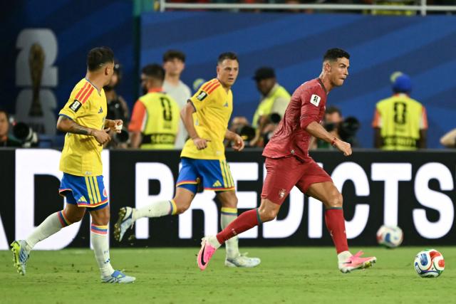 Portugal's forward #07 Cristiano Ronaldo kicks the ball during the 2026 World Cup Group K football match between Colombia and Portugal at the Miami Stadium in Miami Gardens on June 27, 2026.  (Photo by CHANDAN KHANNA / AFP)