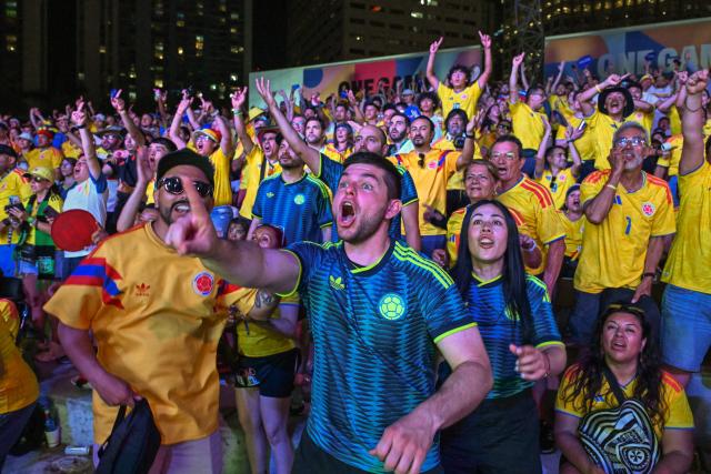 Colombia fans react while watching the 2026 FIFA World Cup Group K match between Colombia and Portugal during a fan gathering at the FIFA Fan Festival in Miami, Florida, on June 27, 2026. (Photo by GIORGIO VIERA / AFP)