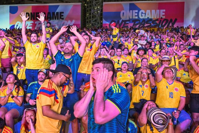 Colombia fans react while watching the 2026 FIFA World Cup Group K match between Colombia and Portugal during a fan gathering at the FIFA Fan Festival in Miami, Florida, on June 27, 2026. (Photo by GIORGIO VIERA / AFP)