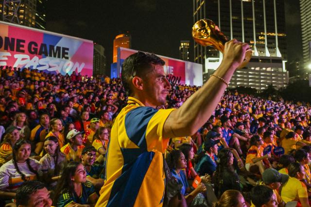 Colombia fans react while watching the 2026 FIFA World Cup Group K match between Colombia and Portugal during a fan gathering at the FIFA Fan Festival in Miami, Florida, on June 27, 2026. (Photo by GIORGIO VIERA / AFP)