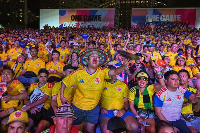 Colombia fans react while watching the 2026 FIFA World Cup Group K match between Colombia and Portugal during a fan gathering at the FIFA Fan Festival in Miami, Florida, on June 27, 2026. (Photo by GIORGIO VIERA / AFP)