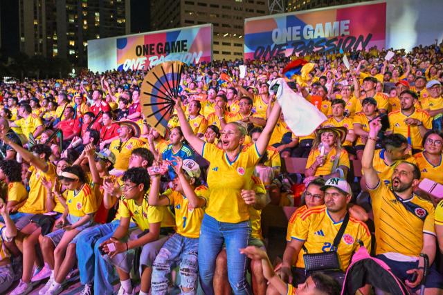 Colombia fans react while watching the 2026 FIFA World Cup Group K match between Colombia and Portugal during a fan gathering at the FIFA Fan Festival in Miami, Florida, on June 27, 2026. (Photo by GIORGIO VIERA / AFP)
