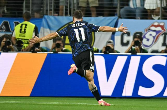Argentina's midfielder #11 Giovani Lo Celso celebrates scoring his team's first goal during the 2026 World Cup Group J football match between Jordan and Argentina at the Dallas Stadium in Arlington on June 27, 2026.  (Photo by Paul ELLIS / AFP)