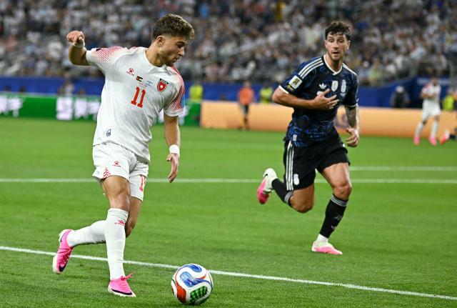 Jordan's forward #11 Odeh Fakhoury controls the ball during the 2026 World Cup Group J football match between Jordan and Argentina at the Dallas Stadium in Arlington on June 27, 2026.  (Photo by Paul ELLIS / AFP)