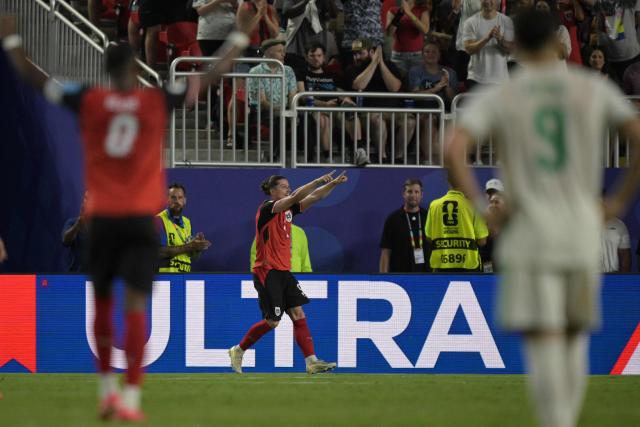 Austria's midfielder #09 Marcel Sabitzer celebrates after scoring his team's second goal during the 2026 World Cup Group J football match between Algeria and Austria at the Kansas City Stadium in Kansas City on June 27, 2026.  (Photo by JUAN MABROMATA / AFP)