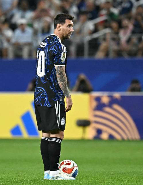 Argentina's forward #10 Lionel Messi looks on during the 2026 World Cup Group J football match between Jordan and Argentina at the Dallas Stadium in Arlington on June 27, 2026.  (Photo by Paul ELLIS / AFP)