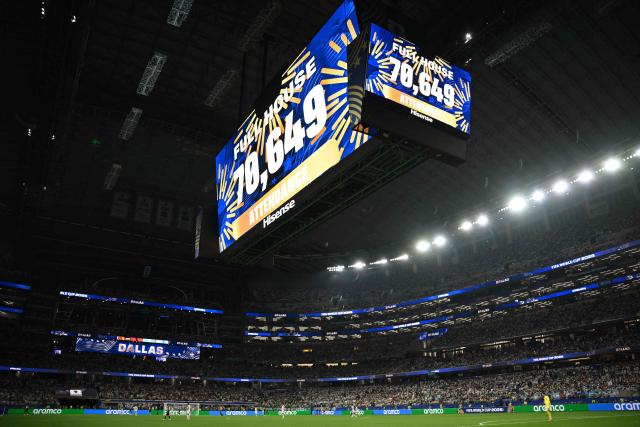 A jumbotron shows the attendance numbers during the 2026 World Cup Group J football match between Jordan and Argentina at the Dallas Stadium in Arlington on June 27, 2026.  (Photo by Paul ELLIS / AFP)
