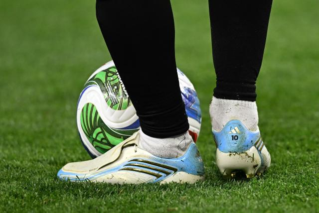 A view of the boots of Argentina's forward #10 Lionel Messi during the 2026 World Cup Group J football match between Jordan and Argentina at the Dallas Stadium in Arlington on June 27, 2026.  (Photo by Paul ELLIS / AFP)