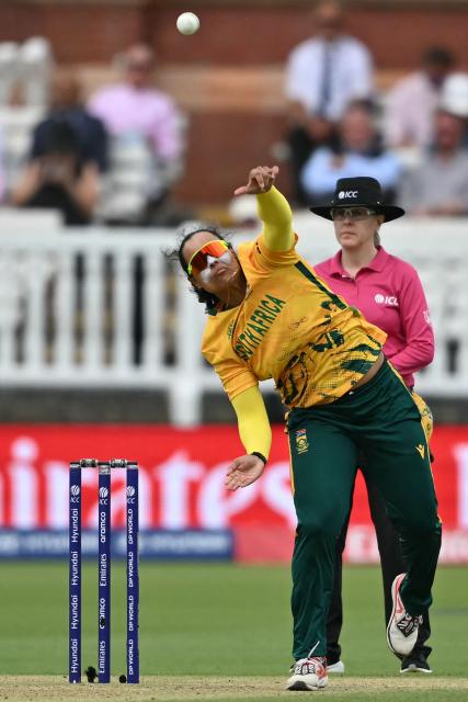 South Africa's Chloe Tryon bowls during the ICC Women's T20 cricket world cup 2026 game between South Africa and Bangladesh, at Lord's in London on June 28, 2026. (Photo by JUSTIN TALLIS / AFP)