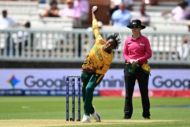 South Africa's Ayabonga Khaka bowls during the ICC Women's T20 cricket world cup 2026 game between South Africa and Bangladesh, at Lord's in London on June 28, 2026. (Photo by JUSTIN TALLIS / AFP)