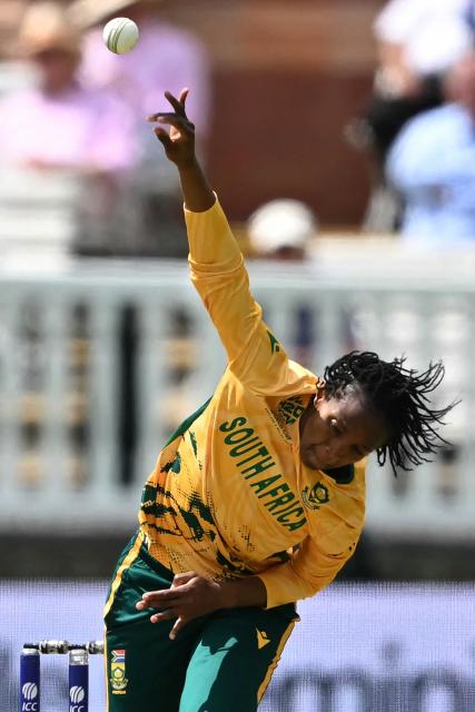 South Africa's Ayabonga Khaka bowls during the ICC Women's T20 cricket world cup 2026 game between South Africa and Bangladesh, at Lord's in London on June 28, 2026. (Photo by JUSTIN TALLIS / AFP)