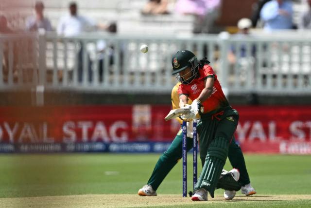 Bangladesh's Shorna Akter is out, caught by South Africa's Shabnim Ismail of the bowling of South Africa's Nonkululeko Mlaba, playing this shot during the ICC Women's T20 cricket world cup 2026 game between South Africa and Bangladesh, at Lord's in London on June 28, 2026. (Photo by JUSTIN TALLIS / AFP)
