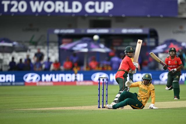 Bangladesh's captain Nigar Sultana watches the final ball make its way to the boundary during the ICC Women's T20 cricket world cup 2026 game between South Africa and Bangladesh, at Lord's in London on June 28, 2026. (Photo by JUSTIN TALLIS / AFP)