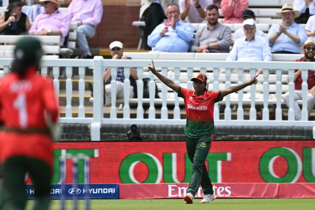 Bangladesh's Marufa Akter celebrates taking a catch to dismiss South Africa's Tazmin Brits during the ICC Women's T20 cricket world cup 2026 game between South Africa and Bangladesh, at Lord's in London on June 28, 2026. (Photo by JUSTIN TALLIS / AFP)