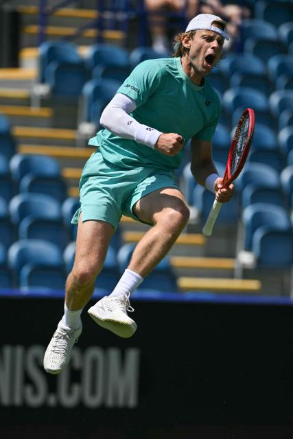 Belgium's Zizou Bergs celebrates winning match point for a victory over France's Ugo Humbert in their men's final tennis match on day seven of the Lexus Eastbourne Open at Devonshire Park, Eastbourne, on the south coast of England on June 28, 2026. (Photo by Glyn KIRK / AFP)