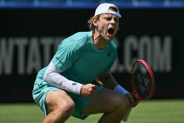 Belgium's Zizou Bergs celebrates winning match point for a victory over France's Ugo Humbert in their men's final tennis match on day seven of the Lexus Eastbourne Open at Devonshire Park, Eastbourne, on the south coast of England on June 28, 2026. (Photo by Glyn KIRK / AFP)