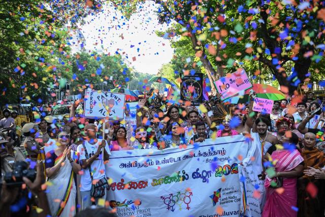 Gender rights activists and supporters of the LGBTQ community take part in a Pride March in Chennai on June 28, 2026. (Photo by R.Satish BABU / AFP)