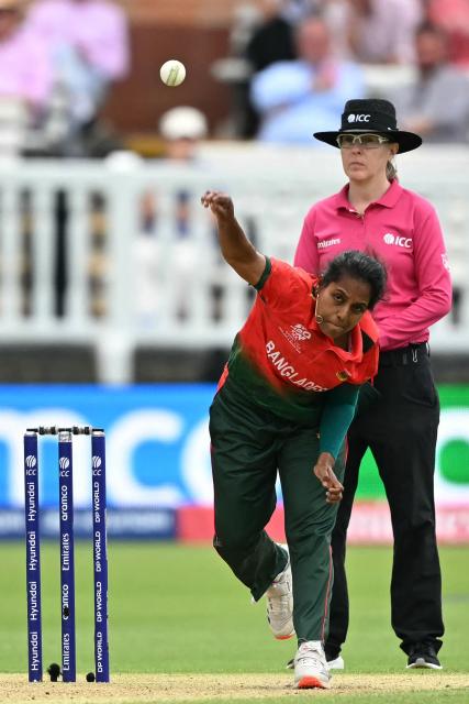 Bangladesh's Ritu Moni bowls during the ICC Women's T20 cricket world cup 2026 game between South Africa and Bangladesh, at Lord's in London on June 28, 2026. (Photo by JUSTIN TALLIS / AFP)