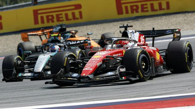 Ferrari's Monegasque driver Charles Leclerc (R) competes with Mercedes' Italian driver Kimi Antonelli (L) during the Formula One Austrian Grand Prix at the Red Bull Ring race track in Spielberg, Austria on June 28, 2026. (Photo by ERWIN SCHERIAU / APA / AFP) / Austria OUT