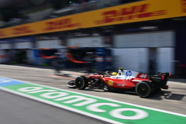 Ferrari's British driver Lewis Hamilton leaves the pit lane during the Formula One Austrian Grand Prix at the Red Bull Ring race track in Spielberg, Austria on June 28, 2026. (Photo by Darko BANDIC / POOL / AFP)