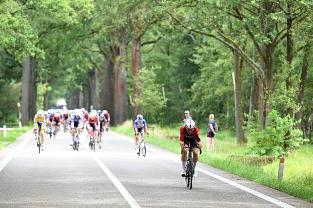 Riders compete during the Belgian Cycling Championships men's elite race (240 km) from Antwerp to Brasschaat on June 28, 2026. (Photo by Maarten Straetemans / Belga / AFP) / Belgium OUT